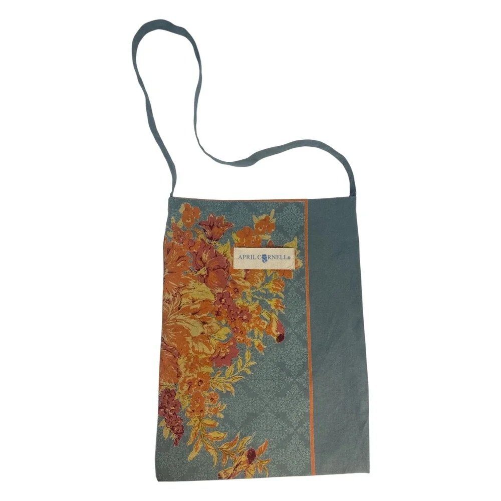 April Cornell Harvest Floral Slate Blue Tote Bag Cottagecore Boho Garden